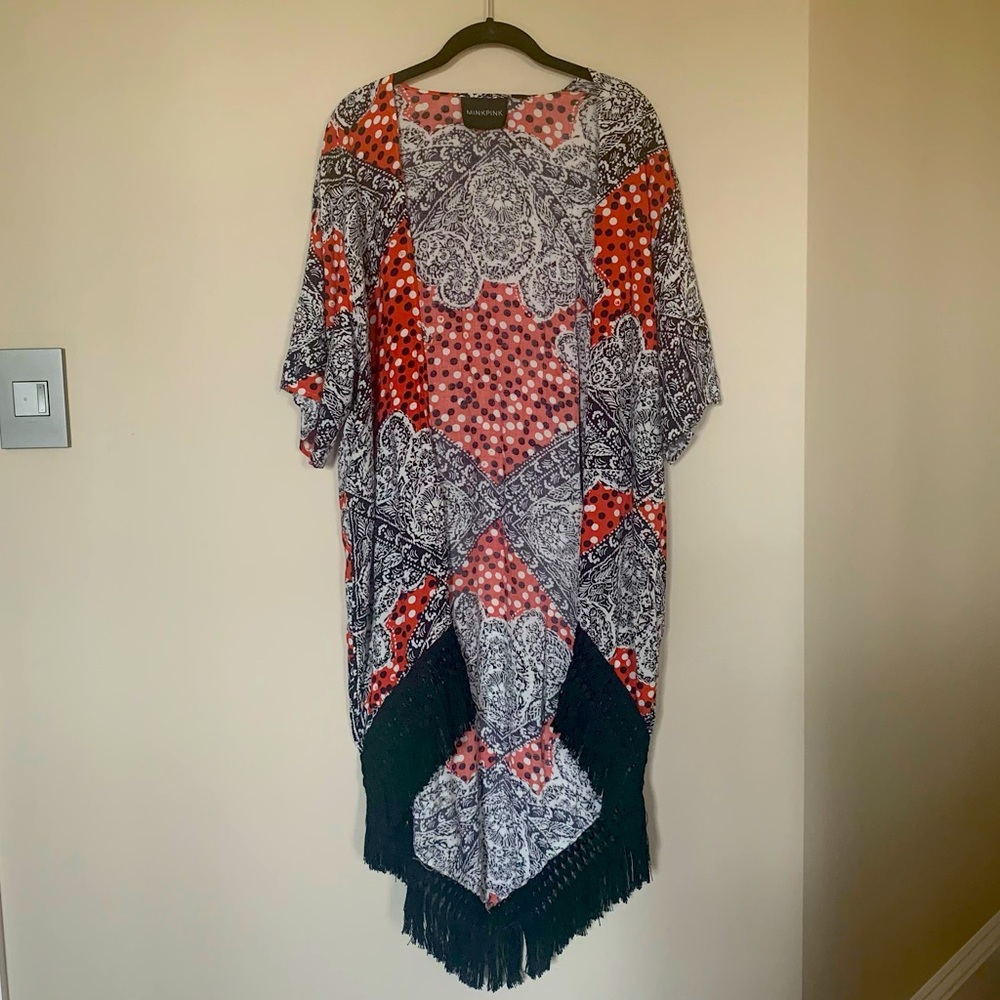 NWOT MINKPINK Red & Black Fringe Kimono / Cover-Up